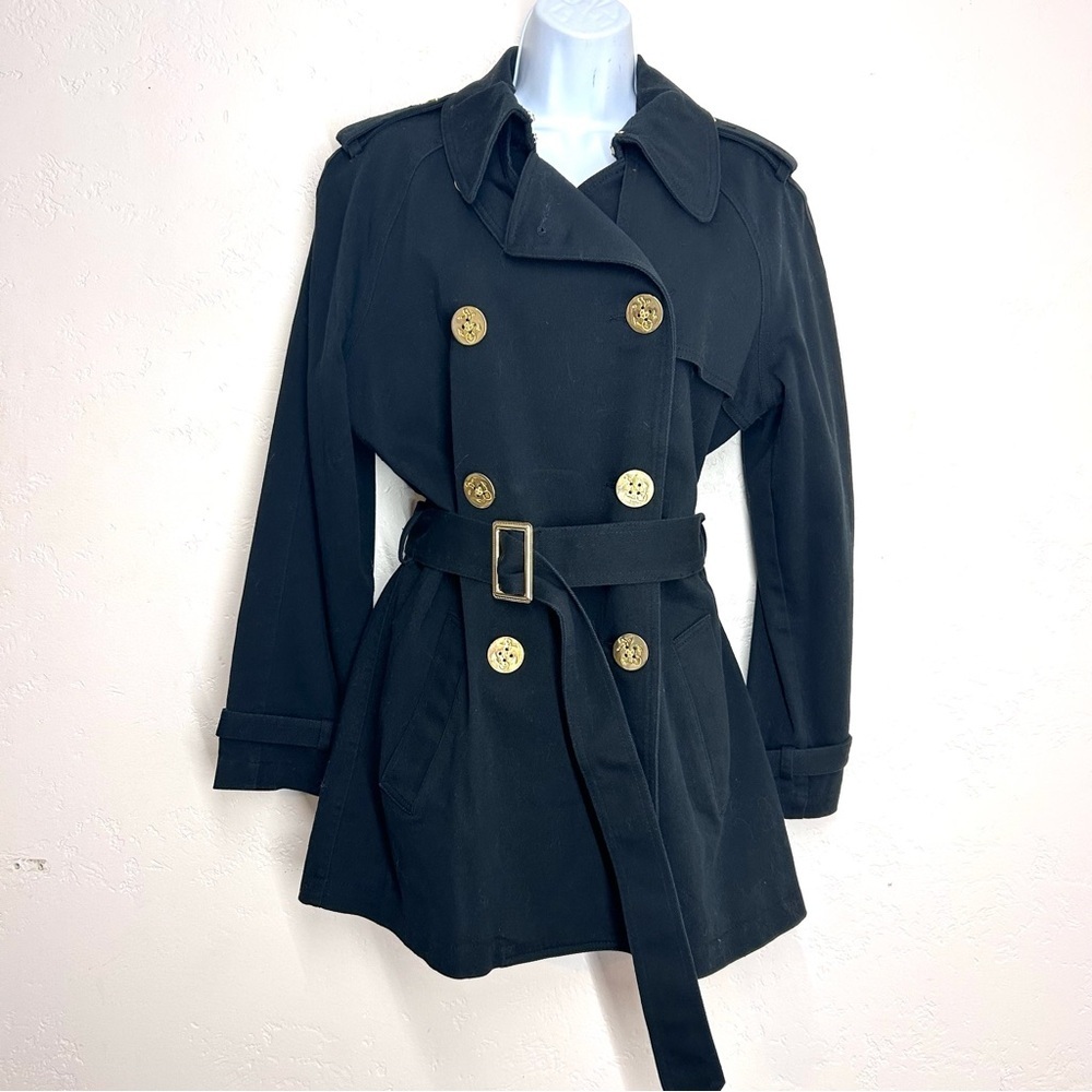 Lauren Ralph Lauren Black Denim Canvas Double Breasted Coat Trench M Preppy Twee